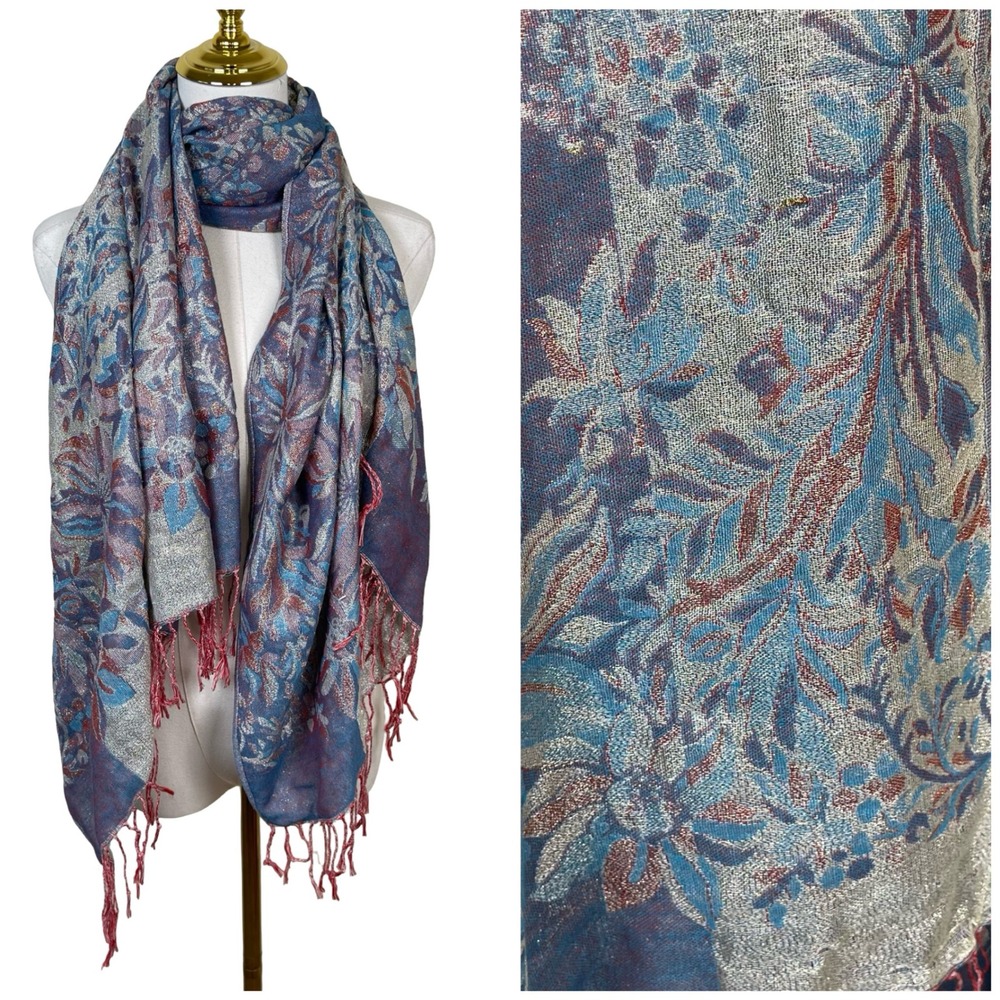 Vintage Pashmina Floral Scarf Blue Silver Metallic Jacquard Fringe Wrap Shawl